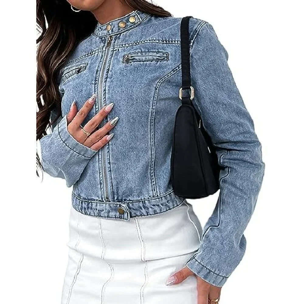 Cropped Denim Jacket with Zip Front, Stretchy Motorcycle Style